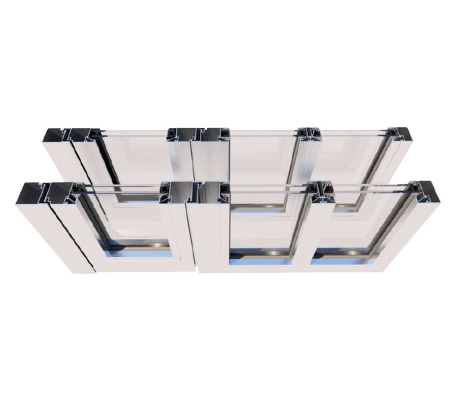 Exploded render of an FT-CW assembly: two rows of glazed bays with the cover caps and pressure plates lifted clear of the mullions behind them.