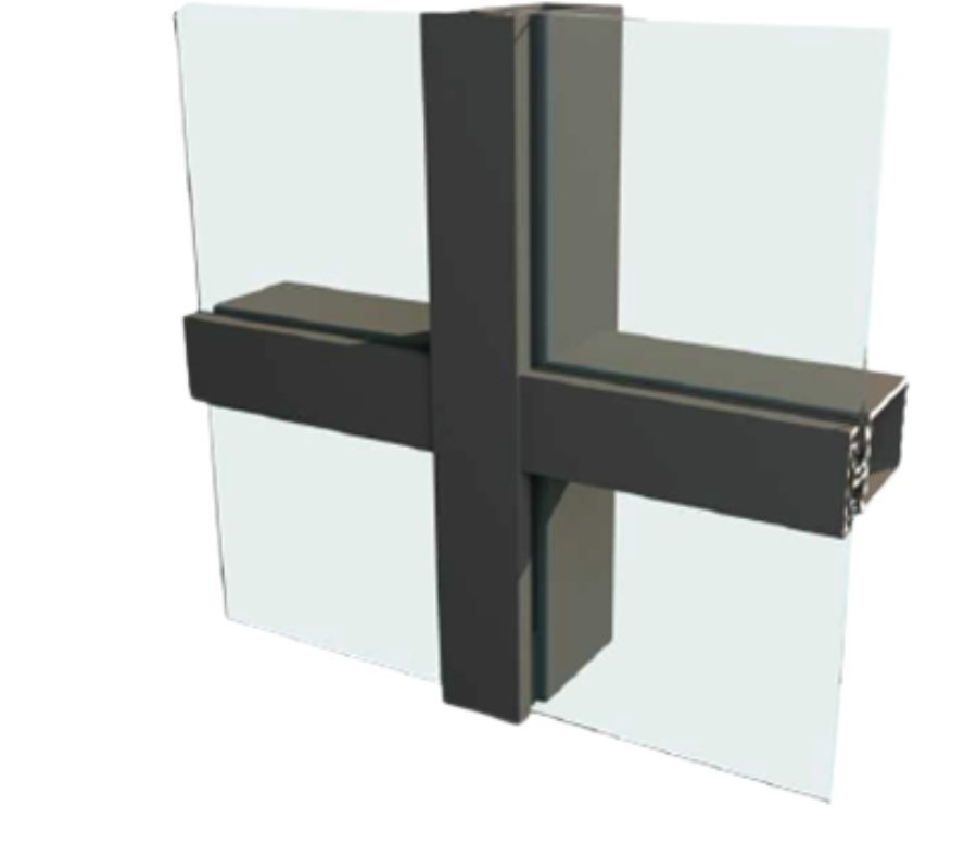 The same FT-CW mullion and transom junction rendered in a dark finish, the glazing running out to both sides of the steel cross.