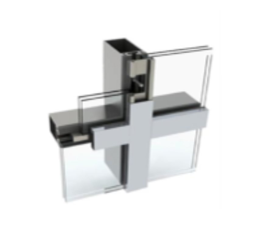 Render of an FT-CW mullion and transom junction: two glazed panes meeting at a cruciform steel intersection, with the cover caps in place on the outside face.