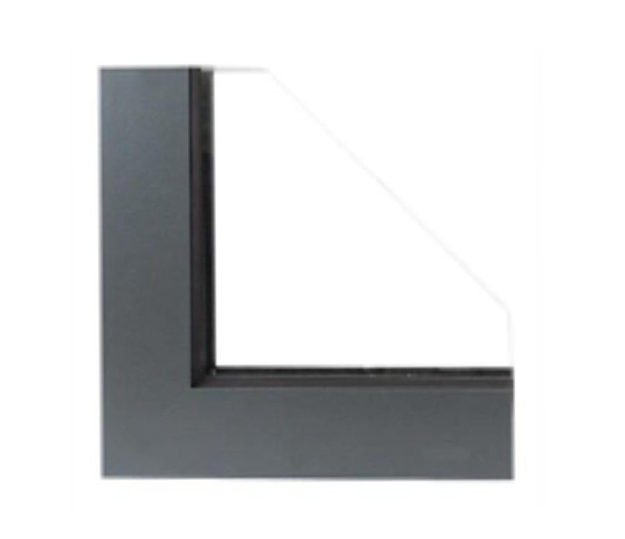 The same FT-PD frame corner in a dark finish, the glazing rebate and the mitre reading as one continuous profile.