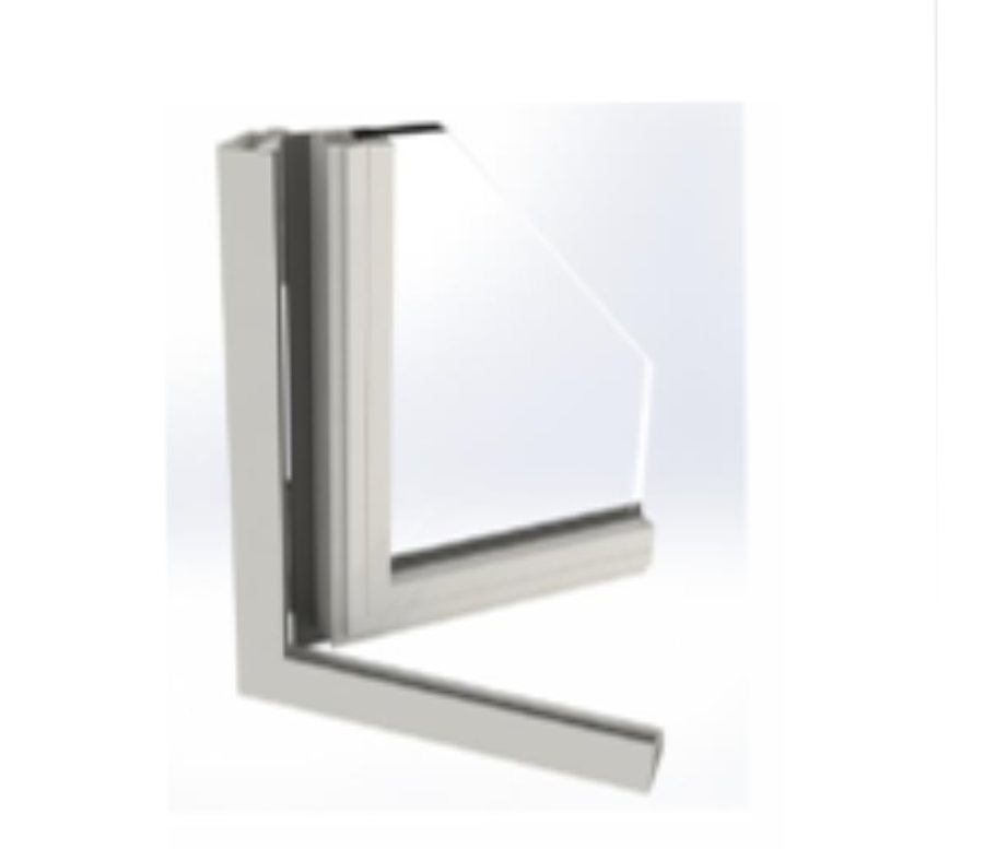 Render of an FT-PD door frame corner in brushed steel, showing the mitred head-to-jamb junction with the glazing rebate and a pane set into it.