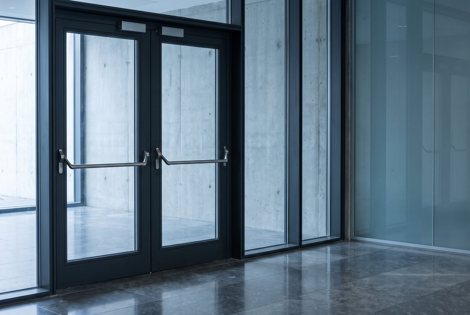 A pair of glazed doors in a slim dark steel frame with push bars and overhead closers, set in a glazed screen that continues along a concrete lobby wall.