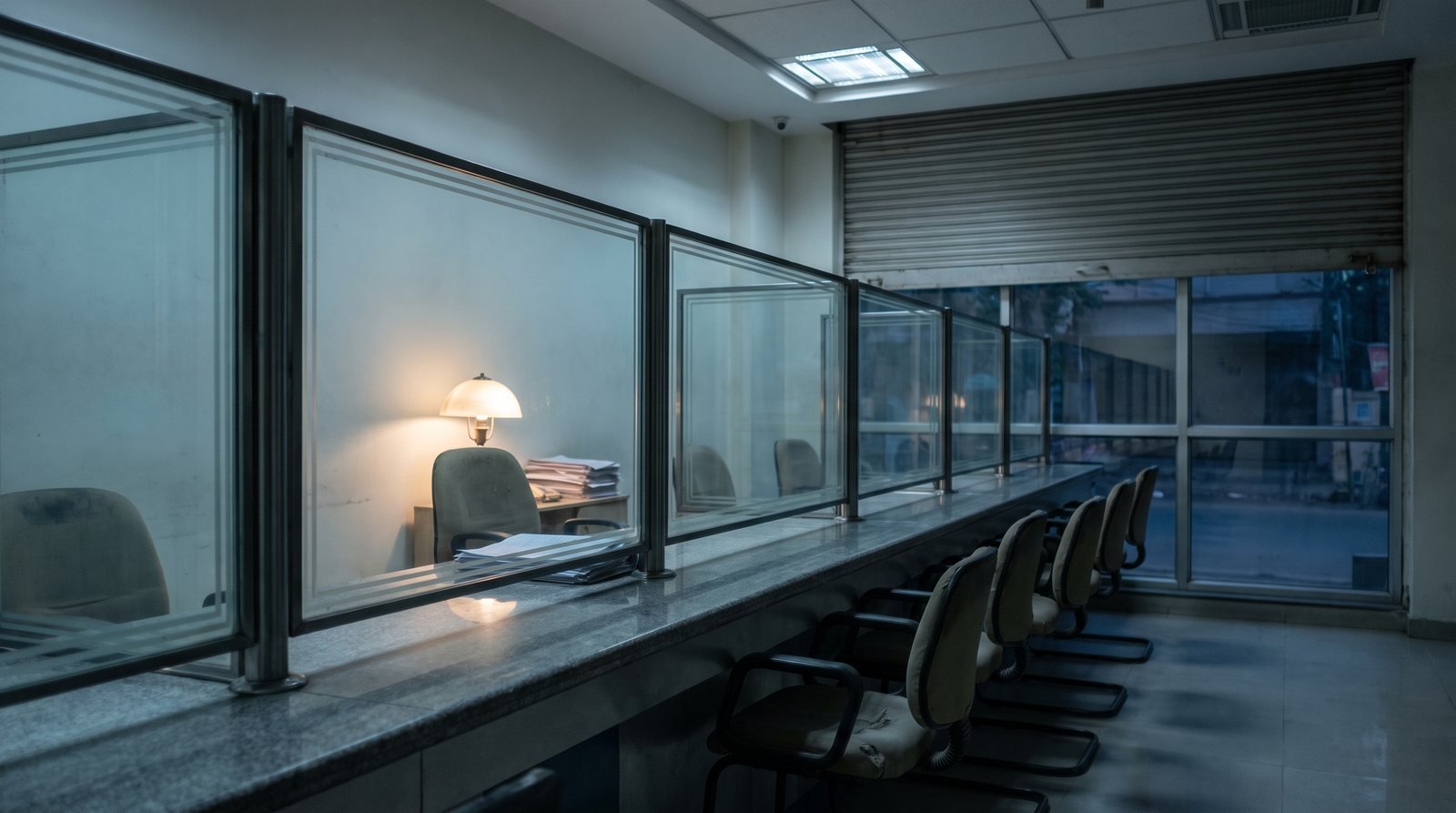 A teller line: a stone counter with a glazed screen in a steel frame above it, customer seating on the near side and a lit desk with ledgers on the far side.
