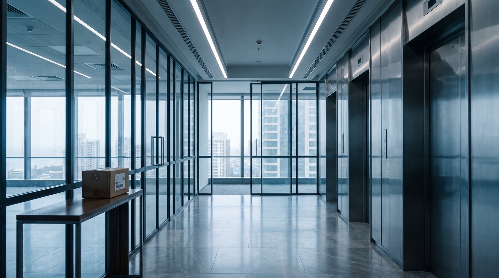 An upper-floor lift lobby behind glazed partitions in a slim dark frame, lift doors to one side and the city visible through the facade.