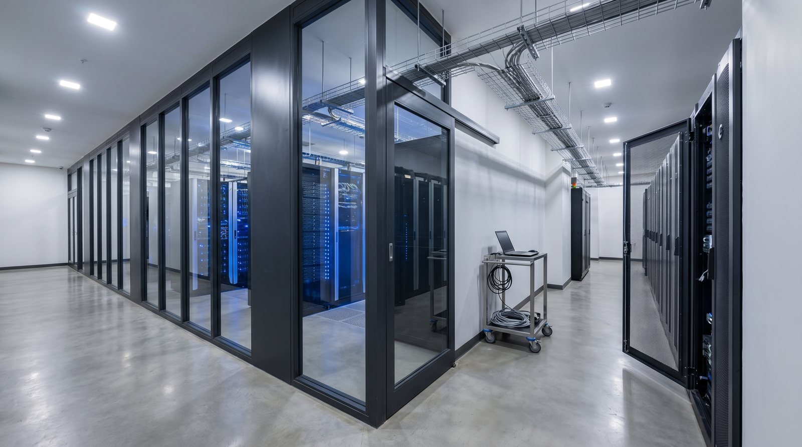A glazed partition wall in a slim dark steel frame running the length of a data hall, server racks and their indicator lights visible through it, cable tray overhead.