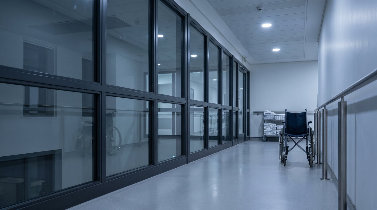 A glazed partition corridor in dark steel framing inside a hospital, a linen trolley and a wheelchair against the far wall and a handrail running the length of it.